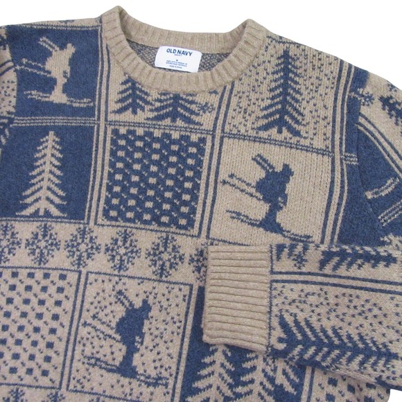 Old Navy Mens Christmas Sweater M Blue Beige Stretch Holiday Pullover - Picture 1 of 9